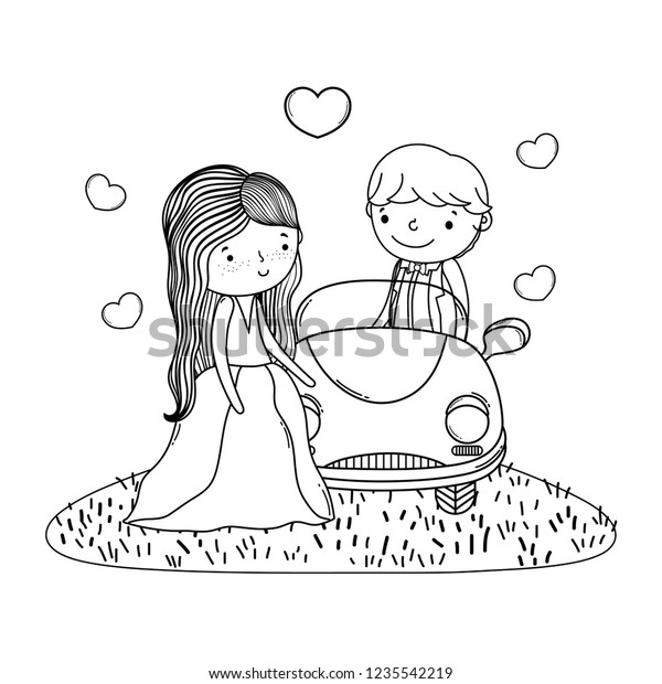 wedding\
couple marriage cute cartoon in black and\
white