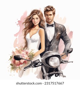 Wedding couple married with biker husband with flowers vector watercolor illustration very cute  colorful isolated on white background clip art.