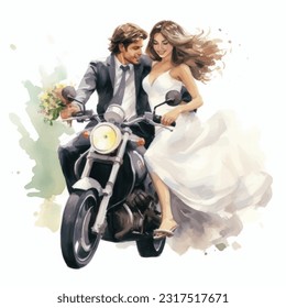 Wedding couple married with biker husband with flowers vector watercolor illustration very cute  colorful isolated on white background clip art.