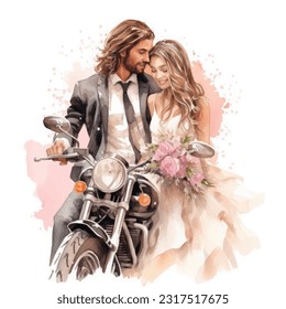 Wedding couple married with biker husband with flowers vector watercolor illustration very cute  colorful isolated on white background clip art.