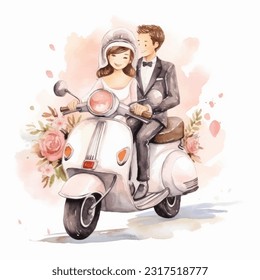 Wedding couple married with biker husband with flowers vector watercolor illustration very cute  colorful isolated on white background clip art.