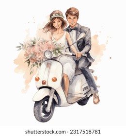 Wedding couple married with biker husband with flowers vector watercolor illustration very cute  colorful isolated on white background clip art.