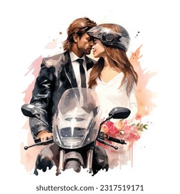 Wedding couple married with biker husband with flowers vector watercolor illustration very cute  colorful isolated on white background clip art.