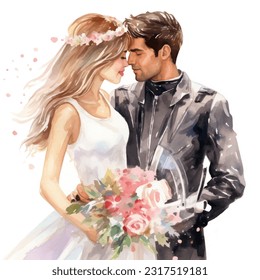 Wedding couple married with biker husband with flowers vector watercolor illustration very cute  colorful isolated on white background clip art.