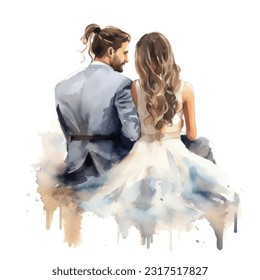 Wedding couple married with flowers from back sit vector watercolor illustration very cute colorful isolated on white background clip art.