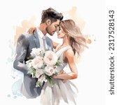 Wedding couple married with flowers vector watercolor illustration very cute colorful isolated on white background clip art.