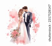 Wedding couple married with flowers vector watercolor illustration very cute colorful isolated on white background clip art.