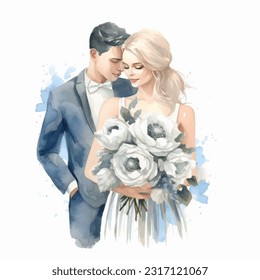 Wedding couple married with flowers vector watercolor illustration very cute colorful isolated on white background clip art.