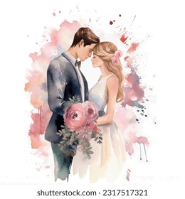 Wedding couple married with flowers vector watercolor illustration very cute colorful isolated on white background clip art.