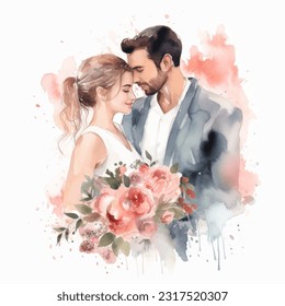 Wedding couple married with flowers vector watercolor illustration very cute colorful isolated on white background clip art.