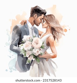 Wedding couple married with flowers vector watercolor illustration very cute colorful isolated on white background clip art.