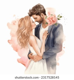 Wedding couple married with flowers vector watercolor illustration very cute colorful isolated on white background clip art.