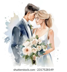 Wedding couple married with flowers vector watercolor illustration very cute colorful isolated on white background clip art.