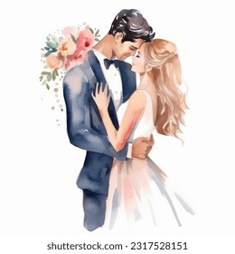 Matrimonio casada con flores vectorial acuarela ilustración muy lindo colorido aislado en el arte de fondo blanco clip.