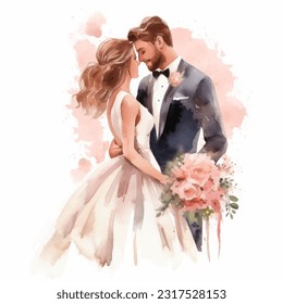 Wedding couple married with flowers vector watercolor illustration very cute colorful isolated on white background clip art.