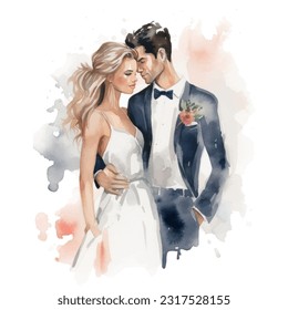 Wedding couple married with flowers vector watercolor illustration very cute colorful isolated on white background clip art.