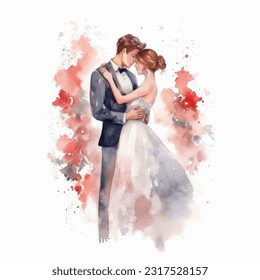 Wedding couple married with flowers vector watercolor illustration very cute colorful isolated on white background clip art.