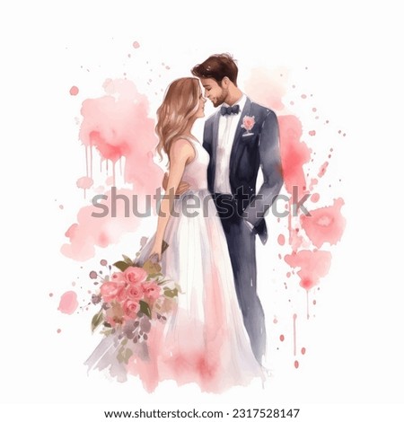 Wedding couple married with flowers vector watercolor illustration very cute colorful isolated on white background clip art.