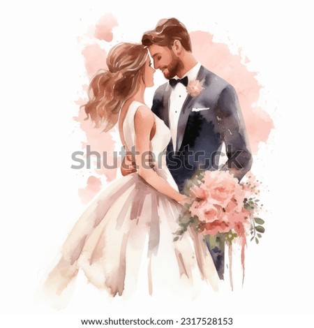 Wedding couple married with flowers vector watercolor illustration very cute colorful isolated on white background clip art.