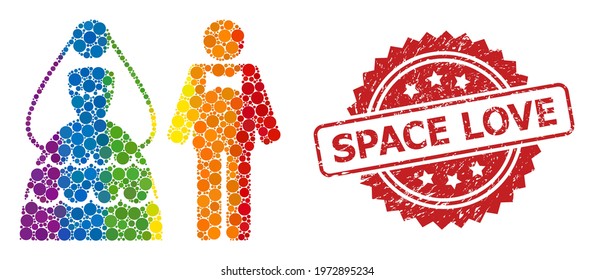 Wedding couple mosaic icon of filled circle elements in variable sizes and LGBT color hues, and Space Love dirty rosette stamp seal. A dotted LGBT-colored Wedding couple for lesbians, gays,