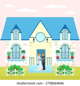 Wedding couple near house, bride and groom vector illustration. Cartoon happy celebration, romantic people in love near building. Married man in suit, woman with bouquet near beautiful home.