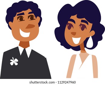 wedding couple newly married. On a white background. Vector illustration. Dark skin