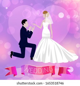 Wedding couple newly married weds bride and bridegroom with ribbon and blurred background cartoon vector illustration. Wedding couple kneeled man and woman in bridal dress poster.