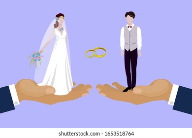 Wedding couple newly married weds bride and bridegroom standing on huge human hands cartoon vector illustration. Wedding couple man and woman with marriage rings poster.
