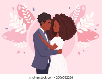 Wedding couple, newlywed. Black couple. Wedding portrait. Vector illustration
