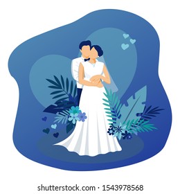 Wedding couple on blue background with hearts and tropical leaves. Flat illustration. Vector