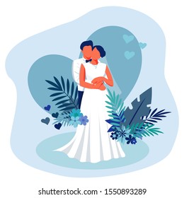 Wedding couple on blue background with hearts and tropical leaves. Flat illustration. Vector