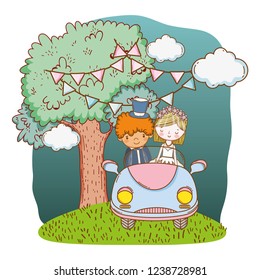 wedding couple on car cute cartoon
