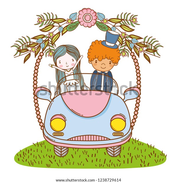wedding couple on car cute\
cartoon