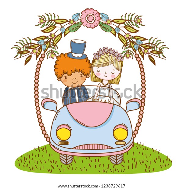 wedding couple on car cute\
cartoon