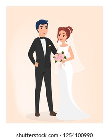 Wedding couple on the photo for memory. Happy beautiful bride and handsome groom. Professional shot in the studio. Flat vector illustration