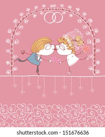 wedding couple on vector card with lovers.Vector card background