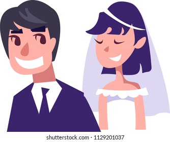 wedding. Couple on a white background. The bride is in a veil, and the groom in a jacket with a tie. Look at each other. In purple and beige tones. Vector illustration