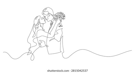 wedding couple one line drawing continuous decorative minimalist art. bride with bouquet embracing to groom marriage ceremony single line illustration for invitation card, web, background,isolated