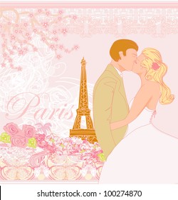 wedding couple in Paris kissing near the Eiffel Tower