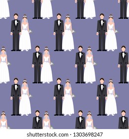 Wedding couple pattern on the purple background. Vector illustration