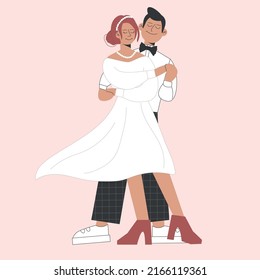 The wedding couple performs the first wedding dance. The newlyweds are dancing. The bride and groom are getting married. The concept of love. Vector stock illustration on pink background in flat style