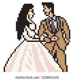 Wedding couple portrait with pixel art design. Vector illustration.