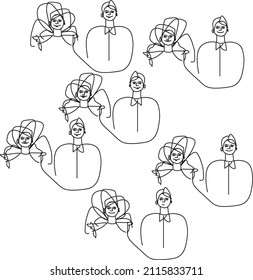 Retrato de pareja de bodas. Novia sonriente y Groom. Vector de dibujo manual.