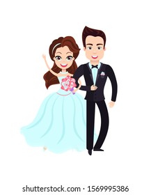 Wedding couple, portrait view of man in suit and woman in dress holding bouquet, smiling bride and groom married, valentine or romantic day vector