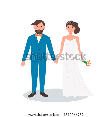 Wedding couple: pretty bride in white dress and tiara and with orange bouquet in her hands and the groom in a blue suit and an orange bow tie. Vector cartoon illustrations on white background.