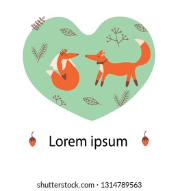Wedding couple: pretty red fox bride with a veil on her head and fox groom  with brown bow tie against the heart with twigs and leaves. 