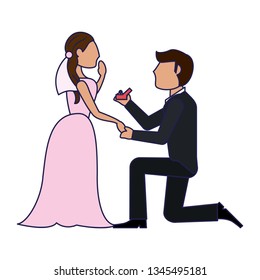 Wedding couple proposal cartoon blue lines