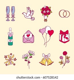 Wedding couple relationship marriage nuptial icons design ceremony celebration and holliday folk icons beauty hand drawn family pink vector illustration.