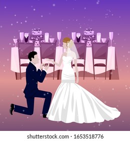 Wedding couple in restaurant with newly married weds bride and bridegroom background cartoon vector illustration. Wedding couple man and woman poster or invitation card.