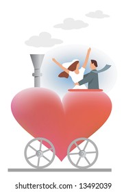 wedding couple ridden on the heart locomotive